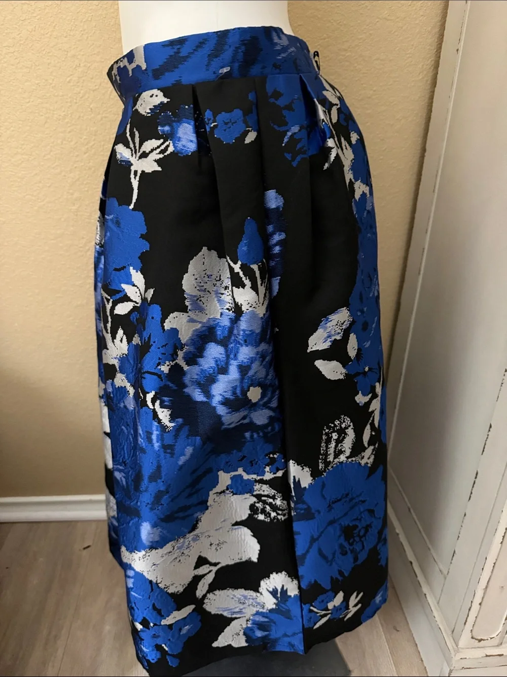 Chicwish Black Midi Skirt with Bold Blue and White Floral Print